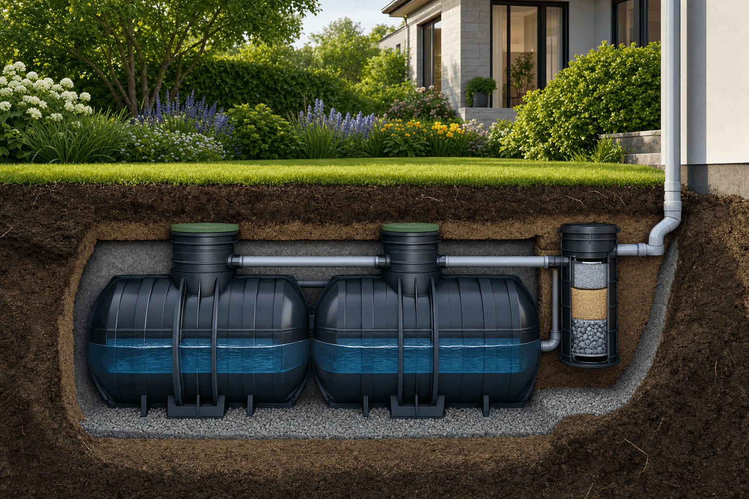 HDPE water containers partially hidden among ferns and wild grass in a backyard greenspace