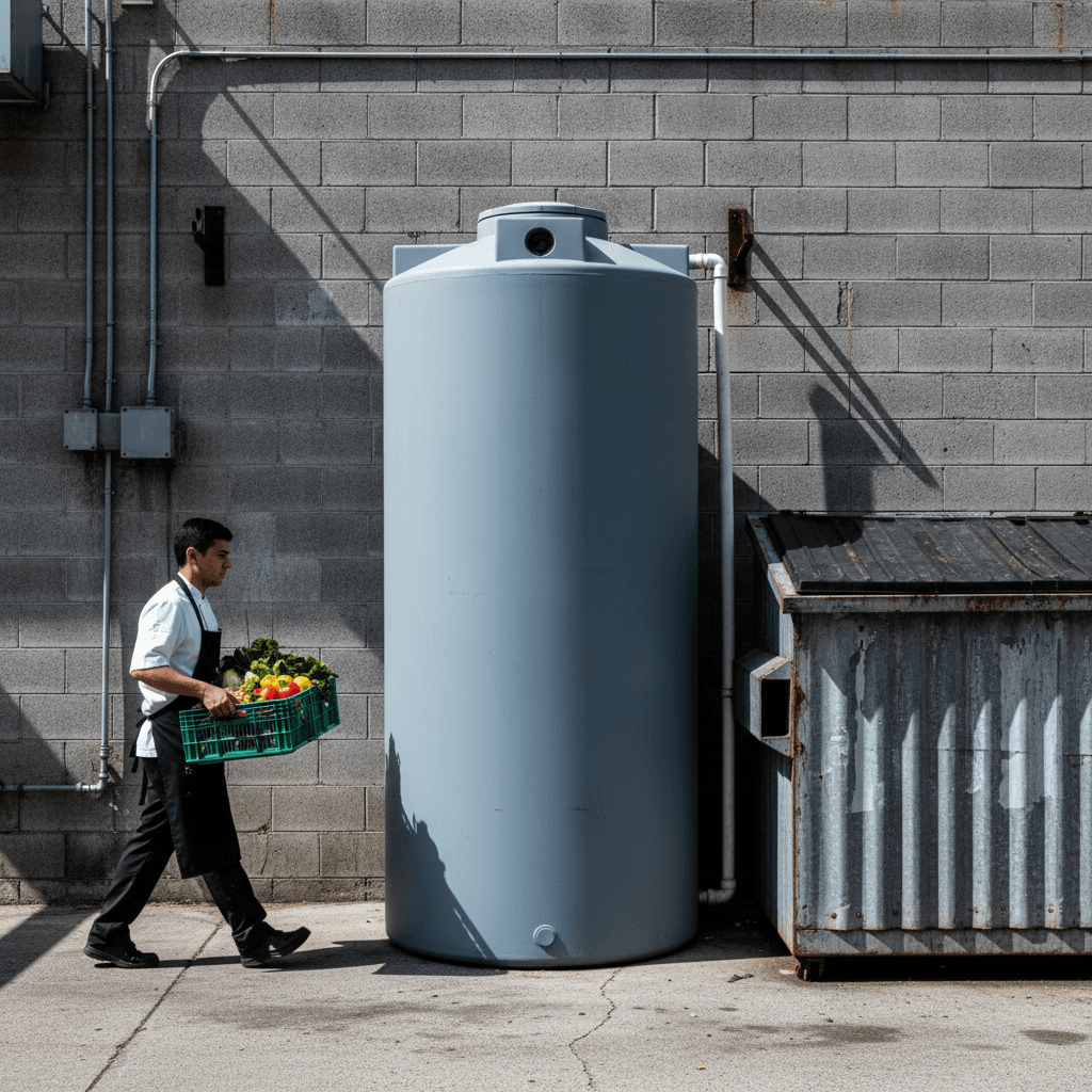 Vertical tank system integrated into restaurant back-of-house