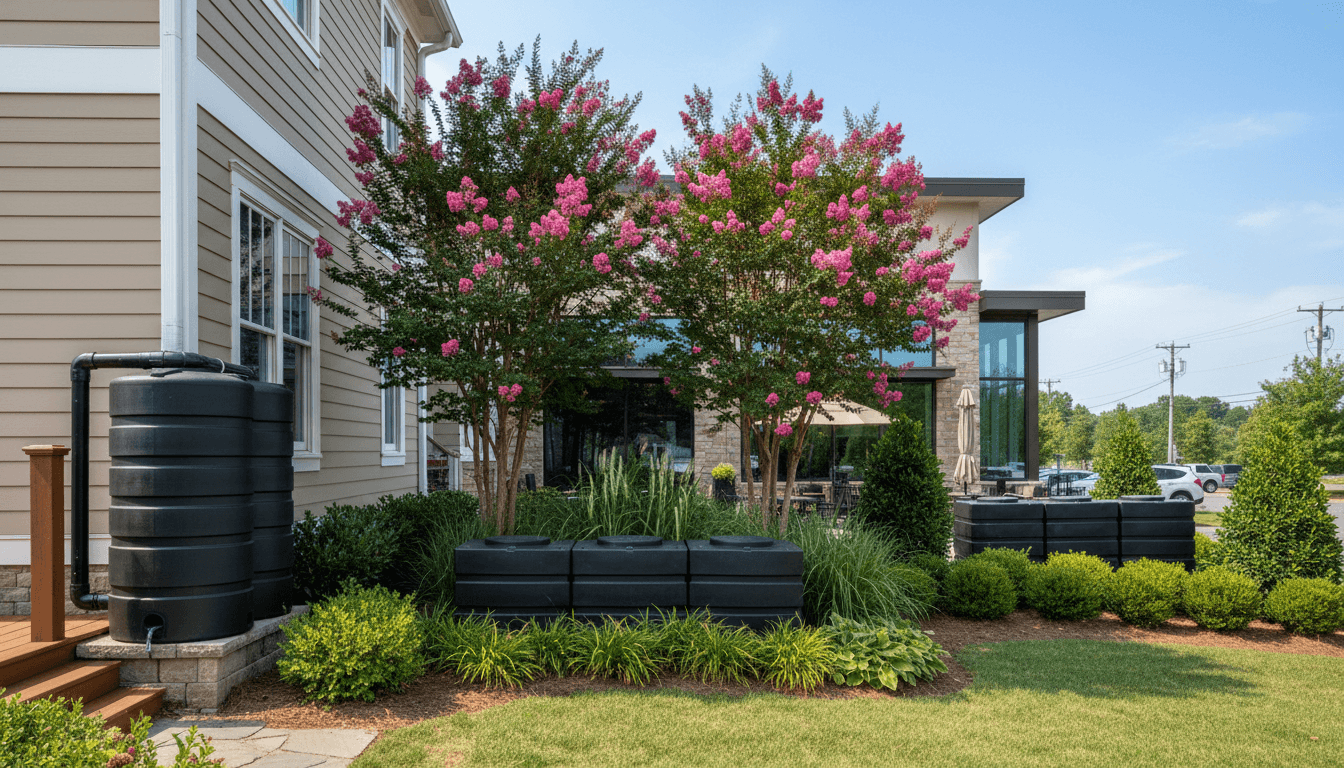 Three black HDPE rainwater tank arrays landscaped into plant beds: a compact 300-gallon pair beside a beige clapboard house, a longer 500-gallon run under pink crape myrtles, and a 1000-gallon restaurant-side bank of tanks behind shrubs next to a patio and parking lot, sunny photorealistic daylight