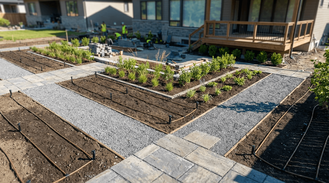 Two separate HDPE water storage containers blending into a residential backyard landscaped with native shrubs and grasses